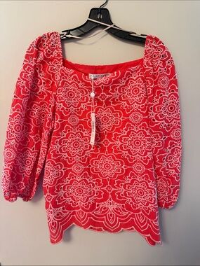 Trina Turk Coral Red Floral Embroidered Peasant Blouse